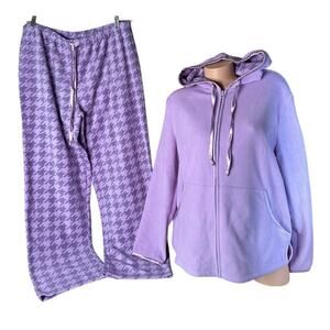 PajamaGram Womens L Purple Houndstooth Warm Soft Plush Fleece Hoodie and Pants